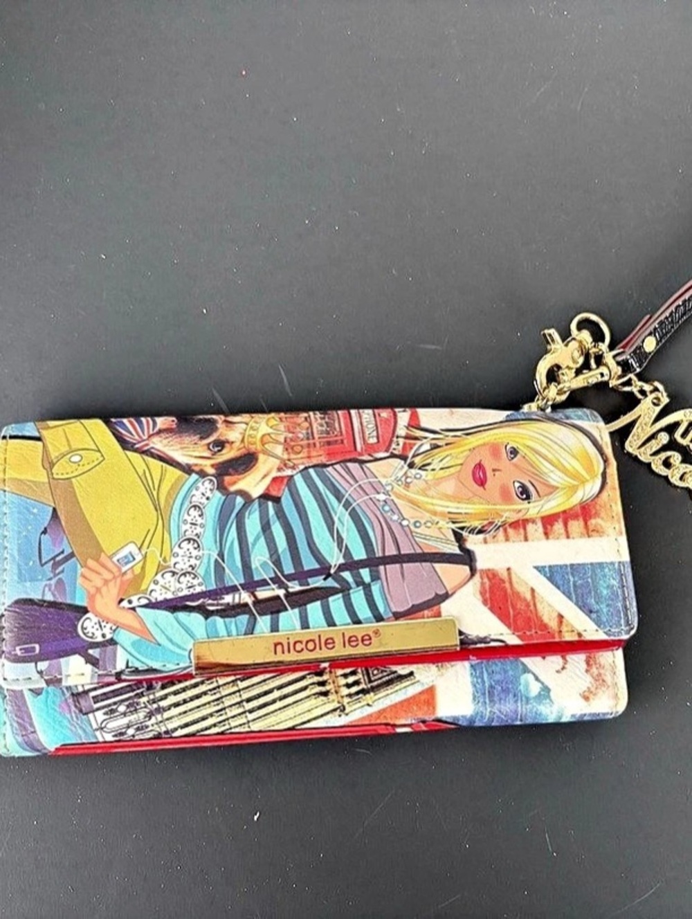 Nicole Lee London Girl Print Wristlet Wallet Red & Multicolor